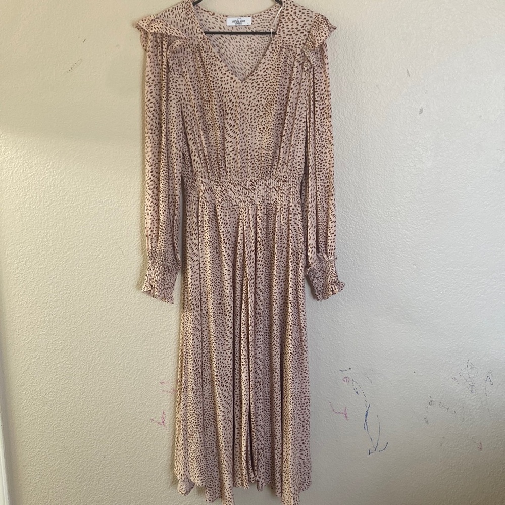 Carly Jean Los Angeles pink spotted smocked maxi dress